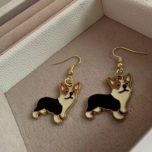 Handcrafted Earrings, Enamel Corgi Charms